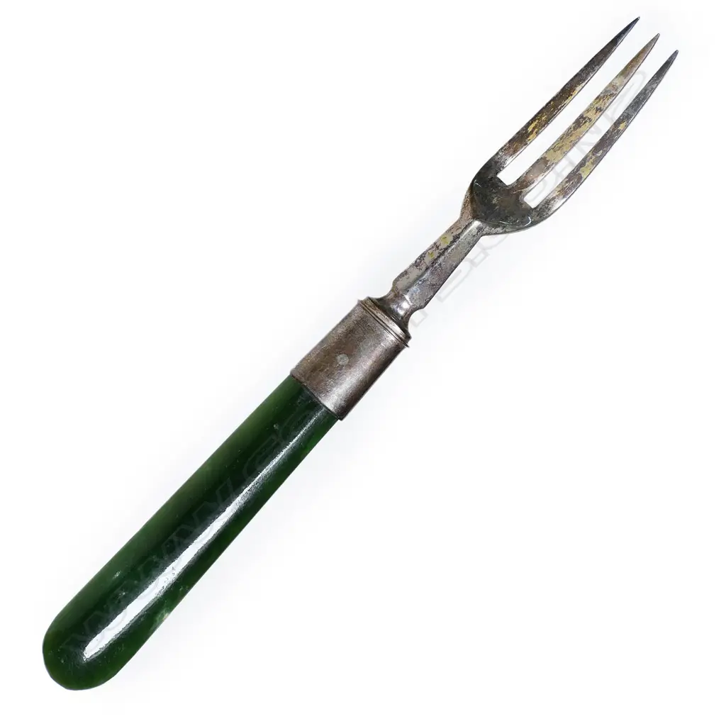 A set of 12 Heinrich Kohn (Auckland) silver and greenstone pickle forks, Image 1++